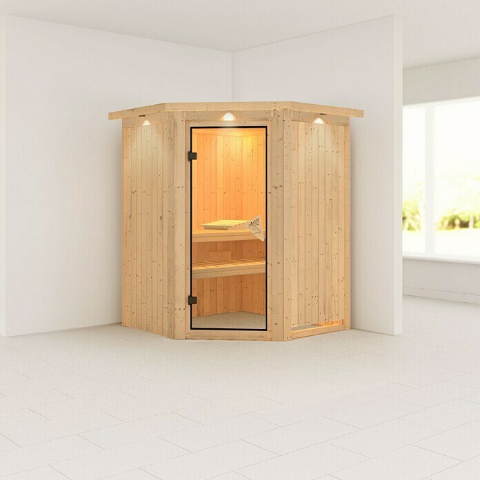 Karibu Elementsauna Larin (Ohne Ofen, Mit Dachkranz und Beleuchtung, L x B x H: 165 x 165 x 192 cm)