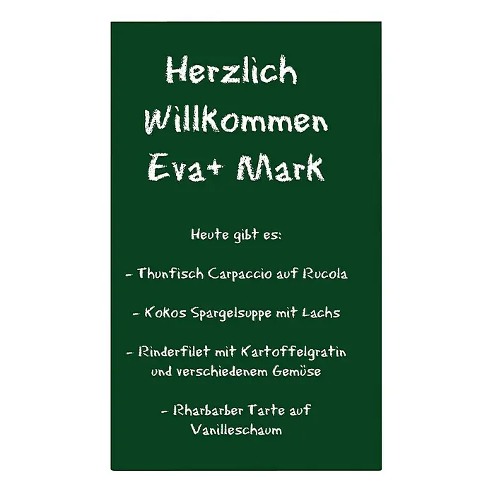 Magnetische Tafelfolie - Grün, 100 x 50 cm, Inkl. 3 Magnete und 3 Stück Kreide - Speisekarte mit Menü: Thunfisch-Carpaccio, Kokos-Spargelsuppe, Rinderfilet mit Gemüse, Rhabarber-Tarte auf Vanilleschaum.