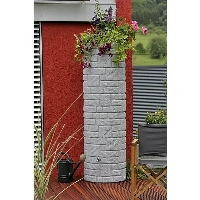 Arves Regenspeicher Arcado - 460 l, Granitfarben, 1 Stk. - Dekorative Regentonne in Steinoptik mit Bepflanzung und Wasserhahn, ideal für den Garten zur Wassersammlung und Bewässerung.