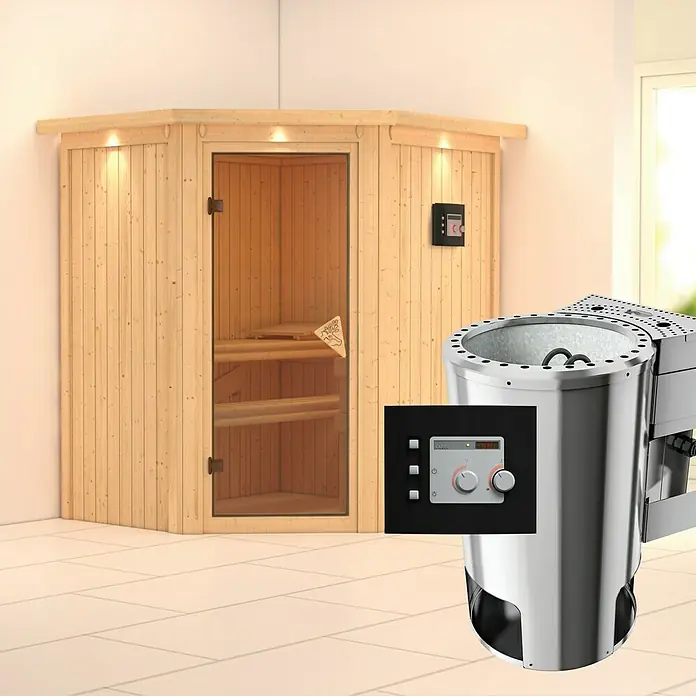 Karibu Elementsauna Tonja - Mit 3,6 kW Bio-Ofen mit externer Steuerung, Mit Dachkranz und Beleuchtung, L x B x H: 184 x 165 x 192 cm - Sauna mit Holzkabine und modernem Saunaofen mit Steinen und Bedienfeld, ideal für entspannende Wellness-Momente.