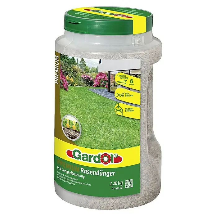 Gardol Rasendünger Premium - 2,25 kg, Max. Anwendungsfläche: 45 m² - Gardol Premium Rasendünger mit Langzeitwirkung im durchsichtigen Behälter mit grünem Deckel.