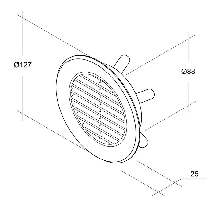 Air-Circle Mauerlüfter - Einbaumaß: 88 mm, Weiß - Eine technische Zeichnung eines runden Lüftungsgitters mit Maßangaben. Das Gitter hat einen Durchmesser von 127mm und eine Tiefe von 25mm.