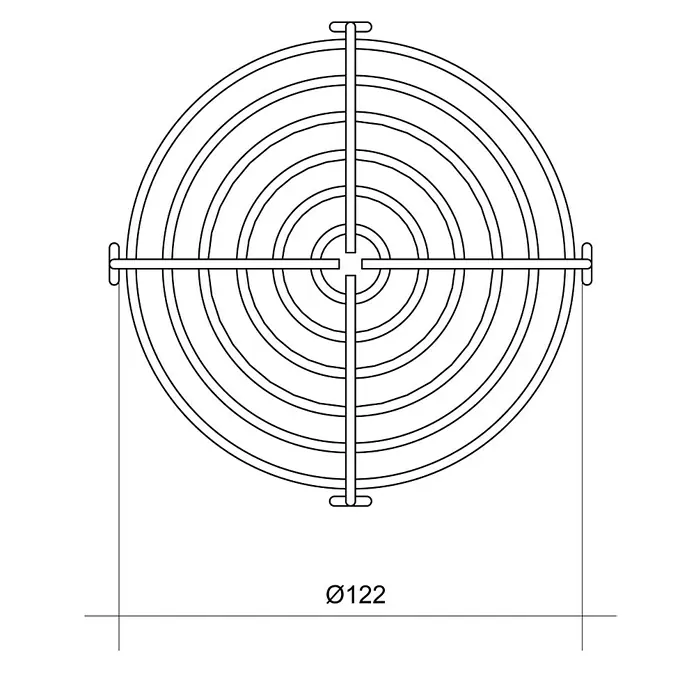 Air-Circle Schutzgitter - Passend für: Rohrradialventilator 125 - Abbildung eines Lüftergitters mit einem Durchmesser von 122 mm, das Schutz und Sicherheit für Lüfter bietet.