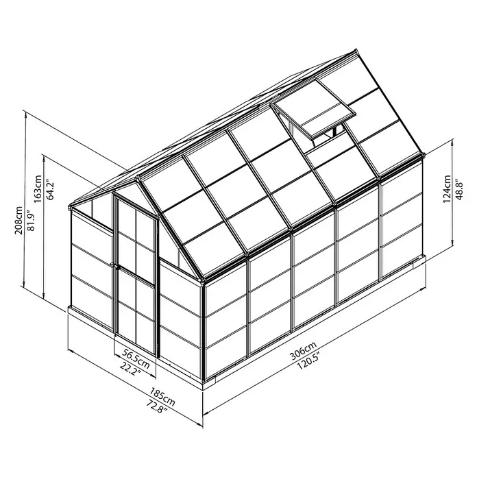 Palram – Canopia Invernadero Harmony - Medidas ext. (An x Pr): 185 x 306 cm, Plateado, Área: 5,6 m² - Esquema detallado de un invernadero con frentes de vidrio y un techo a dos aguas. Perfecto para amantes de la jardinería.