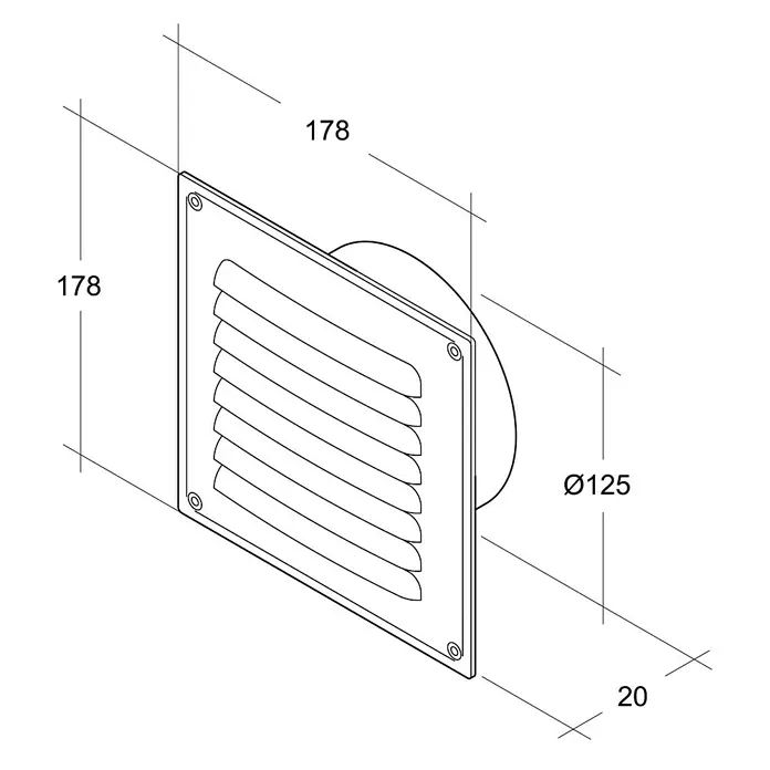 Air-Circle Außengitter - Durchmesser Anschlussstutzen: 125 mm, Aluminium, Weiß - Abbildung eines quadratischen Wandlüftungsgitters mit den Maßen 178 x 178 mm und einem Durchmesser von 125 mm.
