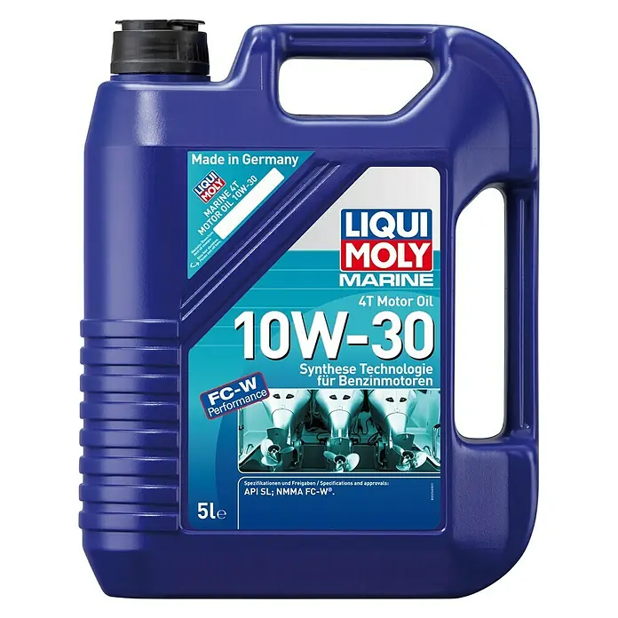 Liqui Moly Marine Aceite para motor 4T 10W-30 - Tecnología sintética, 5 l - Imagen de una lata de 5 litros de aceite de motor Liqui Moly Marine 4T 10W-30, un aceite de motor sintético para motores de gasolina con rendimiento FC-W.
