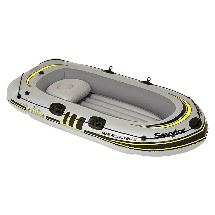 Sevylor Schlauchboot Supercaravelle XR 86 GTX - L x B: 265 x 121 cm, Geeignet für: 3 Personen, Nutzlast: 250 kg - Graues Sevylor Super Caravelle Schlauchboot mit gelben und schwarzen Akzenten für Freizeitaktivitäten auf dem Wasser.