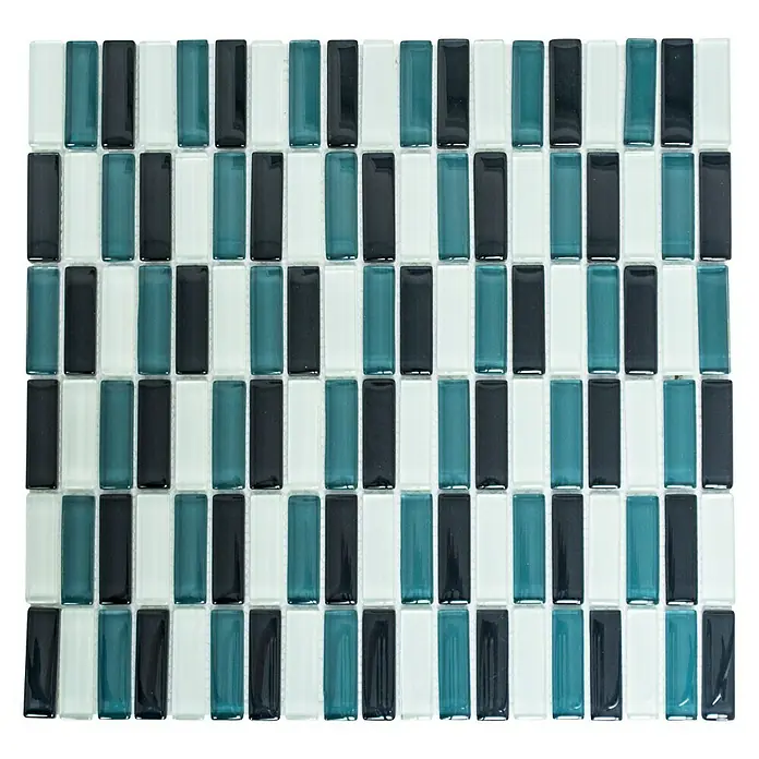Mosaikfliese Stäbchen Crystal Mix XCM S828 - 32,2 x 31 cm, Grau, Glänzend - Ein rechteckiges Mosaikfliesenmuster in den Farben Weiß, Schwarz und Türkis für eine stilvolle Wandgestaltung.