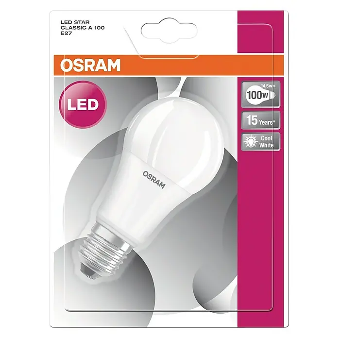 Osram LED-Lampe Glühlampenform E27 matt - E27, Nicht Dimmbar, Kaltweiß, 1.521 lm, 13 W - Nahaufnahme einer OSRAM LED Star Classic A 100 E27 Lampe in ihrer Verpackung, die Energieeffizienz und lange Lebensdauer hervorhebt.