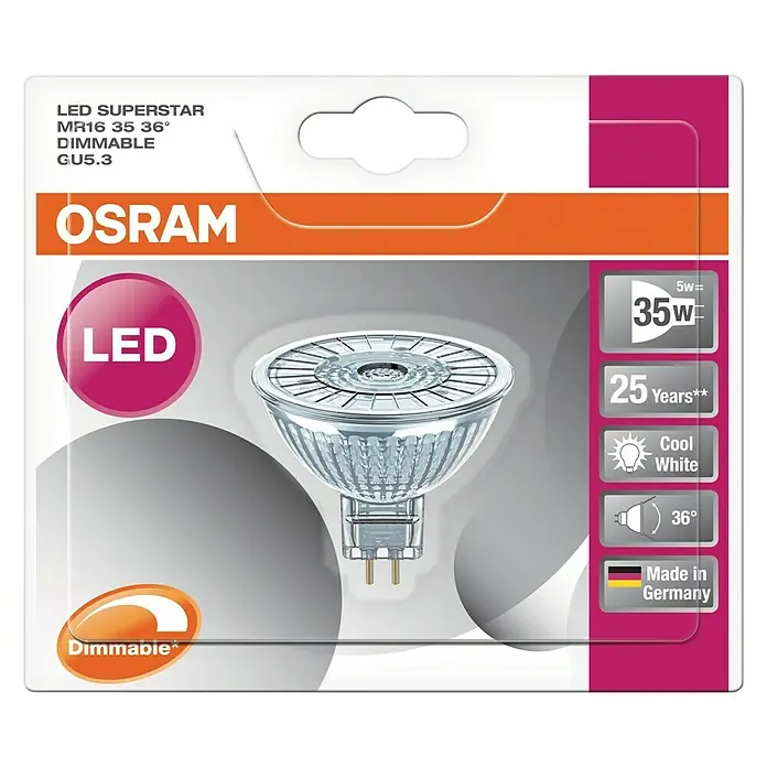 Osram LED-Lampe Pin G4 MR16 - GU5,3, Dimmbar, Kaltweiß, 350 lm, 5,3 W - Nahaufnahme der Verpackung einer OSRAM LED SUPERSTAR MR16 35 36° Lampe, dimmbar und mit GU5.3 Sockel, für eine energieeffiziente Beleuchtung.