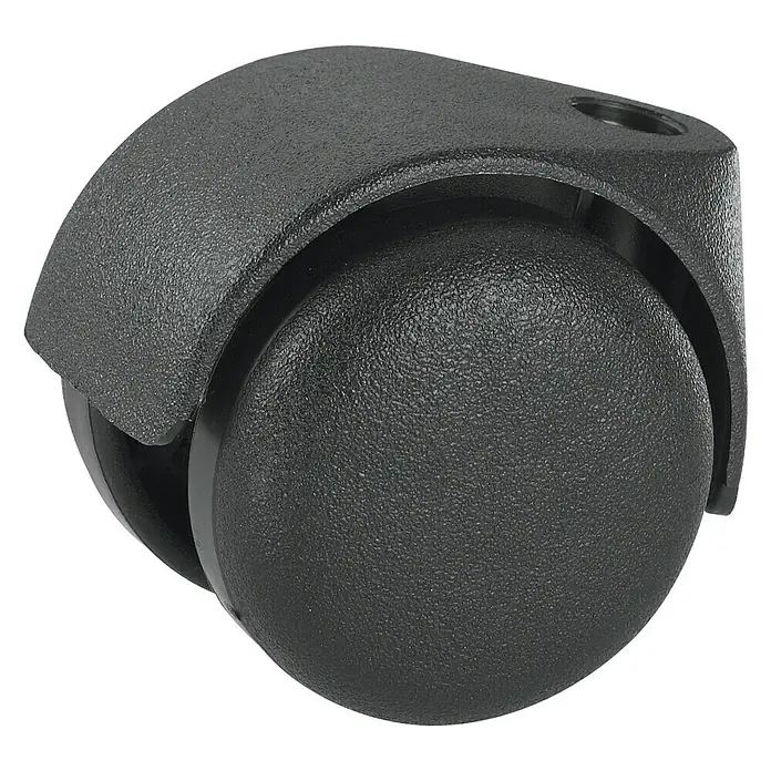 Dörner & Helmer Doppelrolle - Durchmesser Rollen: 50 mm, Traglast: 40 kg, Gleitlager, Mit Rückenloch, Durchmesser Rückenloch: 10 mm - Nahaufnahme eines schwarzen Möbelrollen-Ersatzteils, das sich durch eine robuste Bauweise und hohe Belastbarkeit auszeichnet.