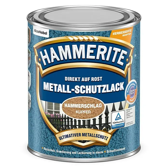 Hammerite Metall-Schutzlack Hammerschlag - Kupfer, 750 ml, Glänzend, Lösemittelbasiert - Hammerite Metall-Schutzlack für direkten Rostschutz, Grundierung und Lackierung in einem. Ultimativer Metallschutz in Kupfer.