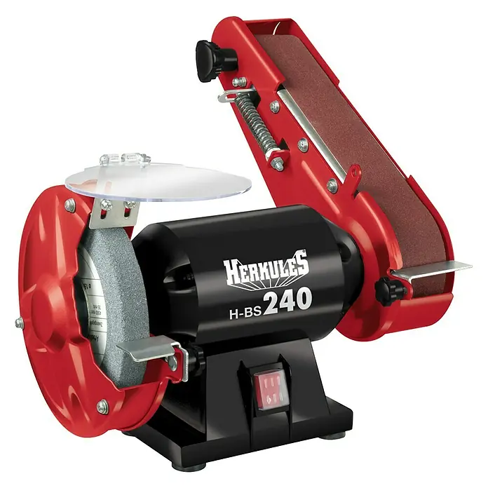 Herkules Stand-Bandschleifer H-BS 240 - 240 W, Schleifbandgröße: 50 x 686 mm - Bild einer Kombinationsschleifmaschine Herkules H-BS 240, die sowohl Schleifscheibe als auch Bandschleifer bietet.