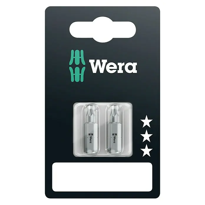 Wera Bit 867/1 - TX 20, Bitlänge: 25 mm - Abbildung einer Wera Bit-Packung mit zwei silbernen Bits, ideal für Heimwerker und Profis.