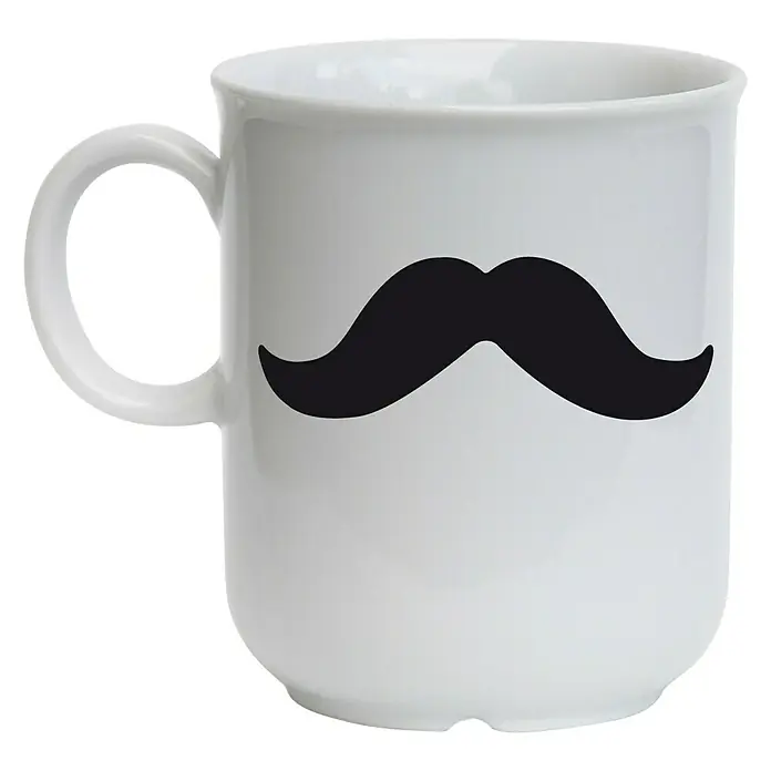 Vinilo de pared - 17 x 10,5 cm, Plástico - Taza de cerámica blanca con un estampado de bigote negro, ideal para amantes del café o el té con sentido del humor.