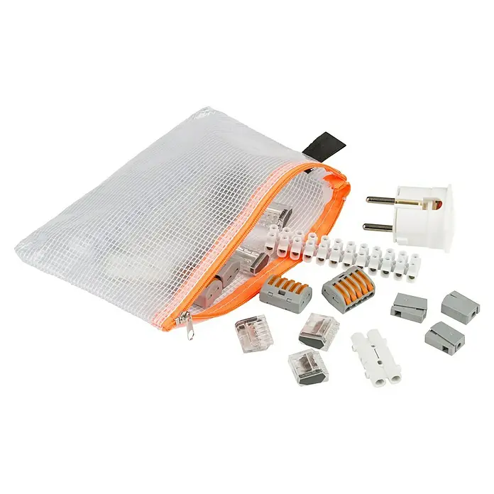 Nips Aufbewahrungstasche - 5 Stk. - Ein transparentes Netz-Etui mit orangefarbenem Reißverschluss, gefüllt mit verschiedenen elektrischen Verbindungsstücken und einem Stecker.