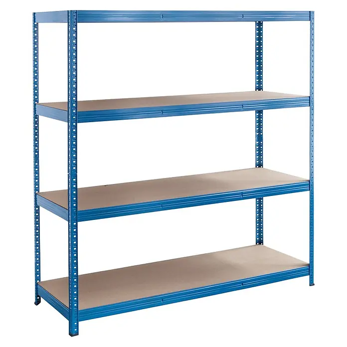 Regalux Schwerlastregal XXL - H x B x T: 185 x 160 x 60 cm, Traglast pro Boden: 350 kg, Anzahl Böden: 4 Stk., Stecken, Blau - Abbildung eines blauen Regals mit drei Regalböden, ideal für die Lagerung in Garage oder Keller.