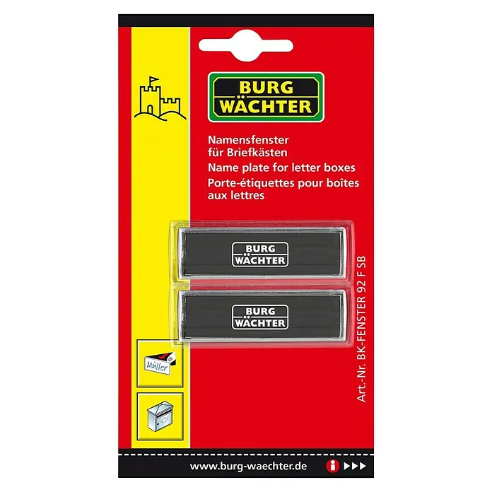 Burg-Wächter Namensfenster BK 92 F - 2 x 22 x 74 mm - Abbildung einer Burg Wächter Namensschilder für Briefkästen, ideal zur Beschriftung von Briefkästen, einfache Montage.