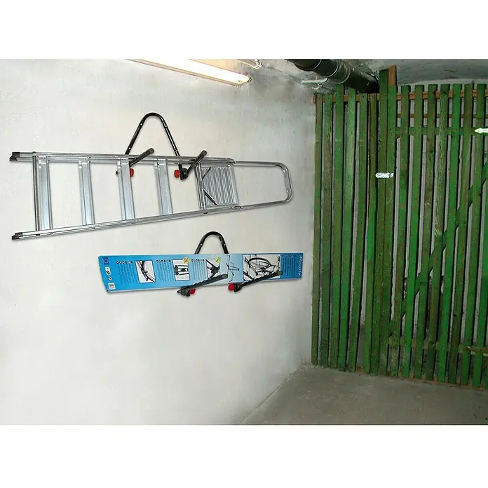 Eufab Fahrrad-Wandhalter - Traglast: 45 kg - Auf dem Foto ist eine silbergraue Leiter und eine Halterung für Fahrräder an der Wand zu sehen.