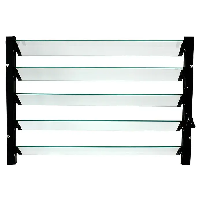 Vitavia Gewächshaus-Seitenfenster - Passend für: Vitavia Gewächshäuser Ida 5200 - 7800/Venus/Apollo/Merkur/Mars/Uranus/Diana, Schwarz - Ein Fenster mit verstellbaren Glaslamellen, eingefasst in einen schwarzen Rahmen, das Licht und Luft kontrolliert hereinlässt.