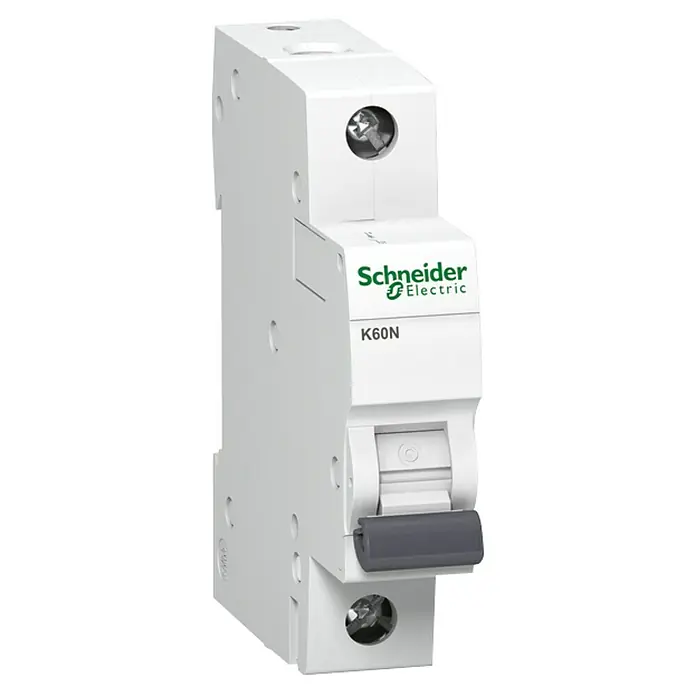 Schneider Electric Leitungsschutzschalter K60N - Auslösecharakteristik: B, 10 A, Bemessungsfehlerstrom: 6 kA, Polanzahl: 1 Stk. - Das Bild zeigt einen Schneider Electric K60N Leitungsschutzschalter in weiß, der zum Schutz elektrischer Stromkreise verwendet wird.