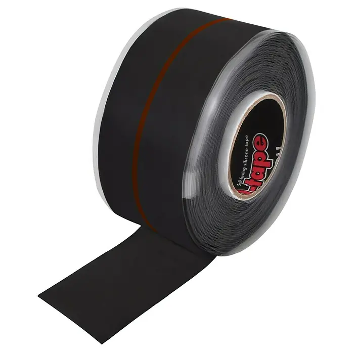Spita Isolierband ResQ-Tape - Schwarz, L x B: 3.650 x 25 mm - Nahaufnahme einer Rolle schwarzes, selbstverschweißendes Silikonband, das sich ideal für elektrische und wasserdichte Anwendungen eignet.