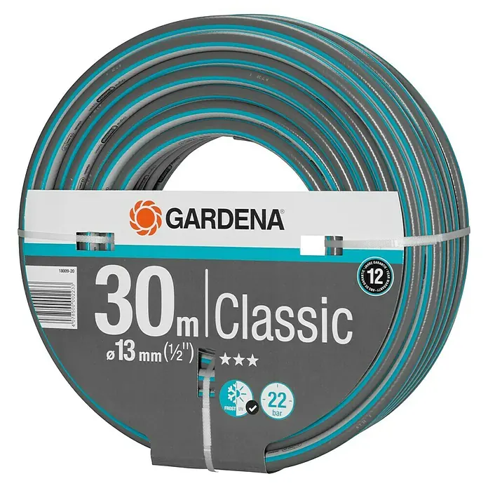 Gardena Classic Schlauch - Länge: 30 m, Schlauchdurchmesser: 13 mm - Abbildung einer Gardena Classic Gartenschlauchrolle, 30 m lang, mit einem Durchmesser von 13 mm (½").