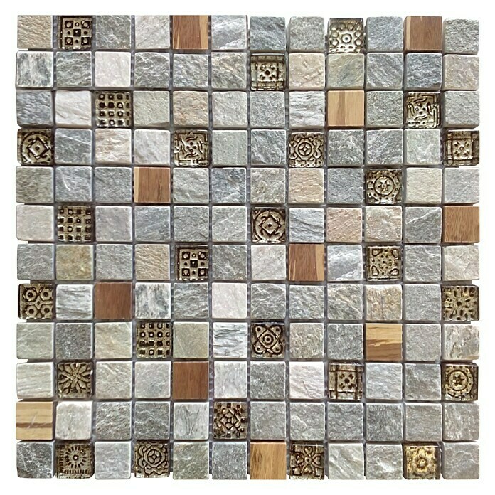 Baldosa de mosaico Bamboo (30 x 30 cm, Pizarra, Crema)
