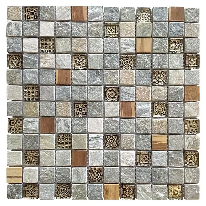 Malla mosaico Bamboo - 30 x 30 cm, Crema - Primer plano de un mosaico de azulejos con piedra, madera y azulejos decorativos, ideal para baños o cocinas.
