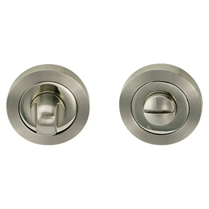GDK Condena C/A02SNNP - An x Al: 50 x 50 mm - Un conjunto de dos pomos de puerta redondos de color plateado con un diseño moderno, perfecto para puertas de baños o aseos.