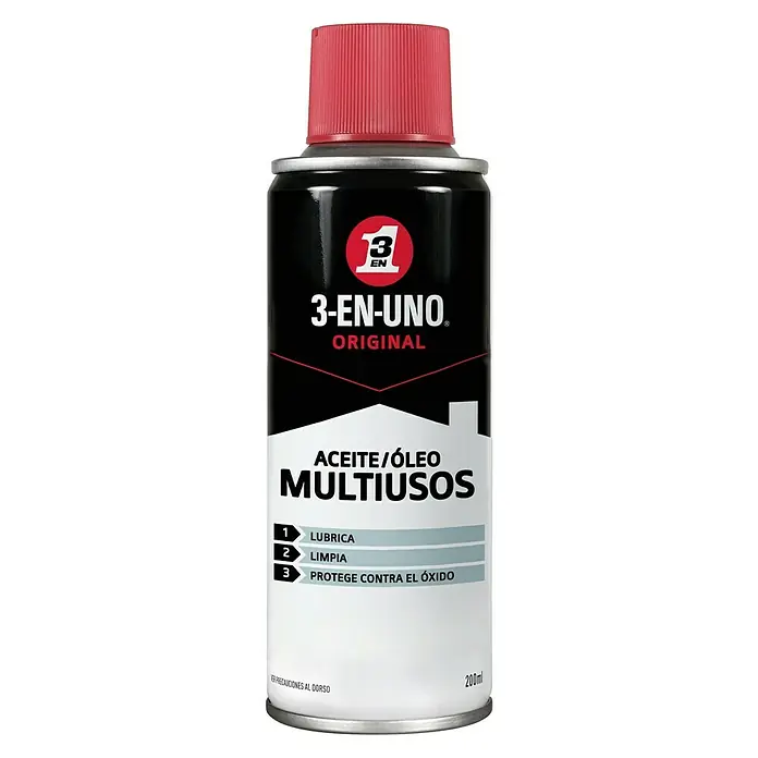 3 en 1 Lubricante Multiusos - 200 ml - Imagen de una lata de aceite multiusos original 3-EN-UNO, un lubricante, limpiador y protector contra el óxido versátil para diversas aplicaciones.