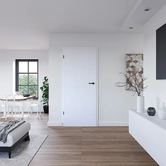 Diamond Doors Black Edition Türband Paar - L x B x H: 70 x 100 x 185 mm, Schwarz, Passend für: 2-teilige Holzzargen und schwarze Zimmertürgarnituren, 2 Stk. - Ein schlichtes, weißes Innentür-Design mit einem modernen, schwarzen Türgriff, das sich nahtlos in das helle Interieur einfügt.