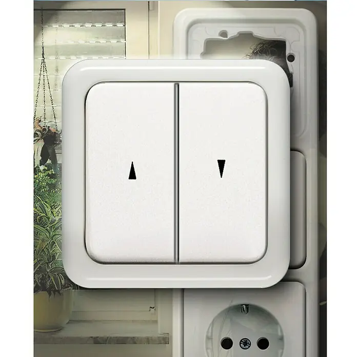 Schellenberg Interruptor para persianas 23005 - Blanco, Rectangular, Para interior - Interruptor cuadrado blanco con dos botones y símbolos de flecha para controlar persianas o toldos.