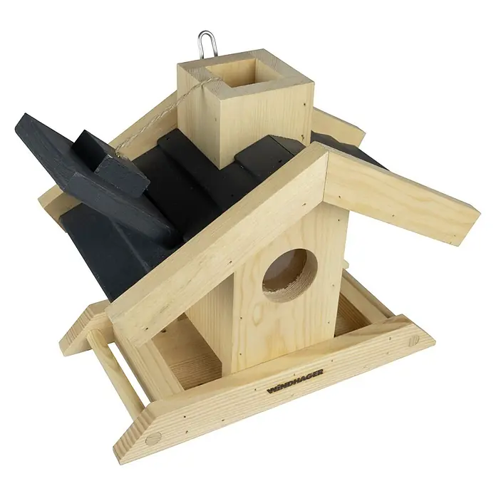 Windhager Vogelfutterhaus Finca - 16,5 x 29 x 25 cm, Braun, Holz, Kiefer - Attraktives Windhager Vogelhaus mit schwarzem Dach und integriertem Futterspender für den Garten.