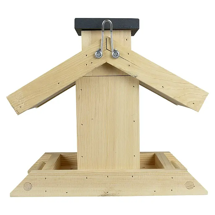 Windhager Vogelfutterhaus Finca - 16,5 x 29 x 25 cm, Braun, Holz, Kiefer - Ein hölzernes Vogelhaus mit einem grauen Dach und einem Metallbügel zum Aufhängen. Bietet einen sicheren und trockenen Platz für Vögel.
