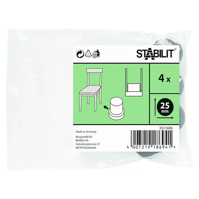 Stabilit Protector para muebles - Diámetro: 25 mm - Imagen de un paquete con cuatro deslizadores de silla Stabilit, de 25 mm de diámetro, para un fácil montaje en las patas de la silla para proteger el suelo.
