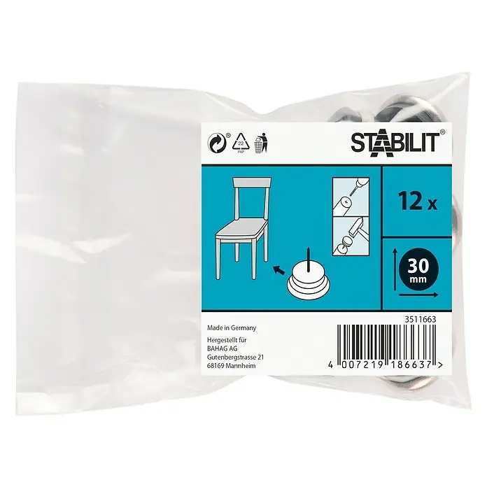 Stabilit Taco de teflón para patas - Diámetro: 30 mm, Metal, Redonda, 12 ud. - Paquete de 12 deslizadores para muebles Stabilit, de 30 mm de diámetro, para usar debajo de sillas y muebles para proteger el suelo.