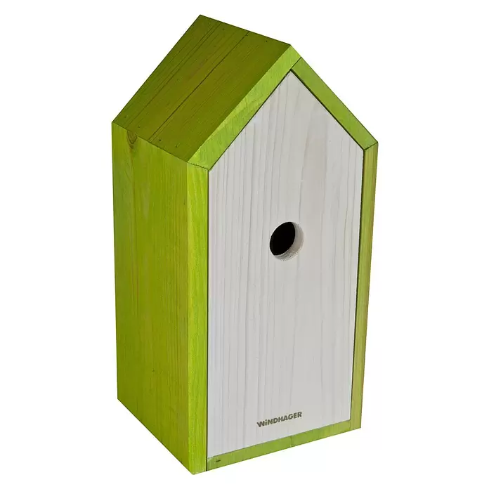 Windhager Nistkasten Cube - Geeignet für: Meisen, L x B x H: 14 x 15 x 31 cm, Massivholz, Farbig sortiert - Hölzernes Vogelhaus von WINDHAGER mit grünen Seiten und heller Holzfront, mit einem runden Eingangsloch.
