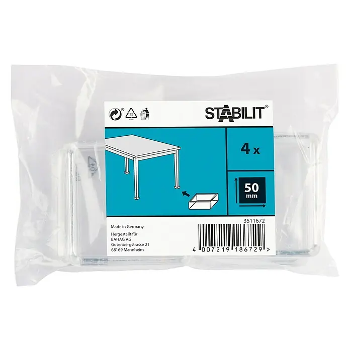 Stabilit Base para muebles - Cuadrado, 4 ud., 50 mm, 50 mm - Un paquete de deslizadores para muebles Stabilit, 4 piezas, 50 mm, para una protección fácil y eficaz de sus pisos contra rayones y daños.