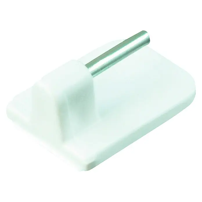 Vitragenhaken - L x B: 17 x 24 mm, Weiß, 4 Stk. - Nahaufnahme eines weißen, selbstklebenden Wandhakens mit einem silbernen Stift zum Aufhängen von Gegenständen.
