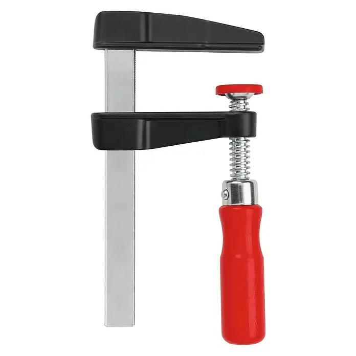 Bessey Schraubzwinge LM 25/8 - Spannweite: 250 mm, Spannkraft: 2.000 N, Ausladung: 80 mm - Bild einer Werkzeugklemme mit schwarzem Kopf, silberner Stange und rotem Griff, die ein präzises und sicheres Spannen ermöglicht.
