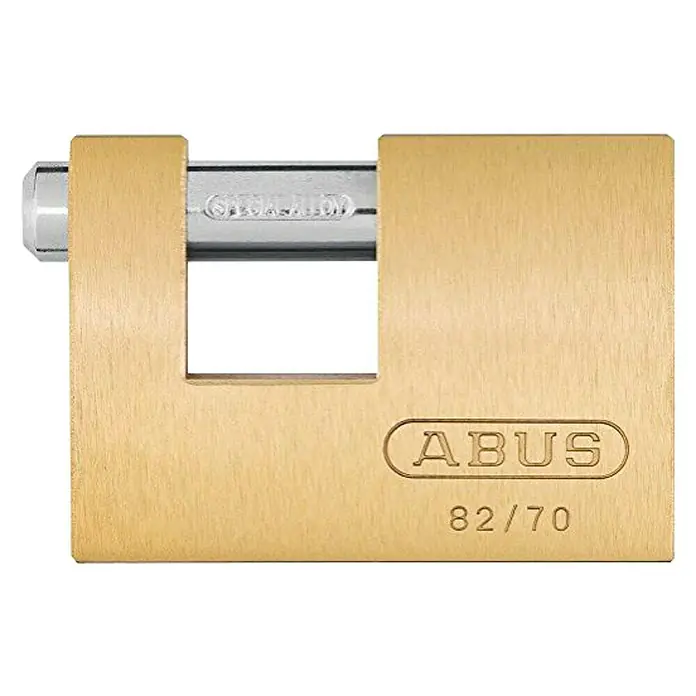 Abus Candado Monobloc 82/90 - An x Al: 90 x 61 mm, Latón, Arco transversal - Primer plano de un candado de latón ABUS 82/70 con grillete recto y el logotipo ABUS para alta seguridad.