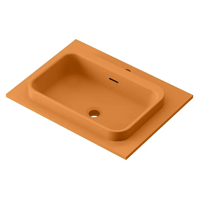Lavabo y encimera Paul - 46 x 61 cm, Orificios para grifo: Medio, Con desbordamiento, Melocotón - Se muestra un lavabo color terracota, montado sobre una encimera del mismo tono cálido, creando un diseño elegante y uniforme.