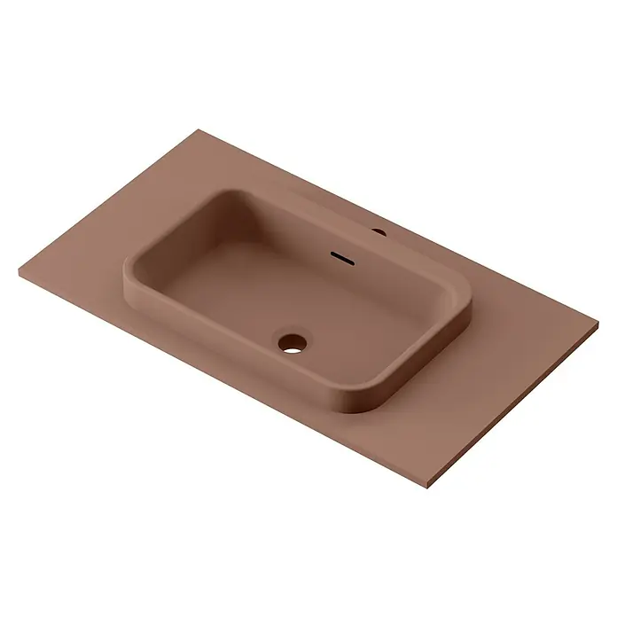 Lavabo y encimera Paul - 46 x 81 cm, Orificios para grifo: Medio, Con desbordamiento, Rosa california - Primer plano de un lavabo marrón moderno con forma rectangular sobre una encimera a juego, ideal para un baño elegante.