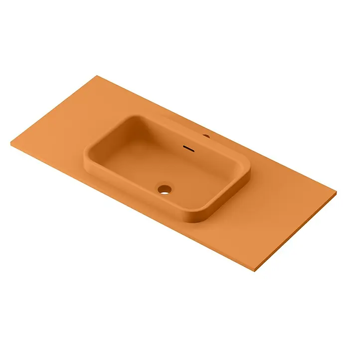 Lavabo y encimera Paul - 46 x 101 cm, Orificios para grifo: Medio, Con desbordamiento, Melocotón - La elegante encimera de baño naranja con lavabo integrado ofrece un diseño moderno para tu baño. La superficie es lisa y estilizada.