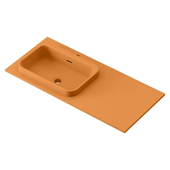 Lavabo y encimera Paul izquierda - 46 x 101 cm, Orificios para grifo: Izquierda, Con desbordamiento, Melocotón - Un moderno lavabo naranja con encimera integrada. El diseño elegante es perfecto para un baño con estilo.