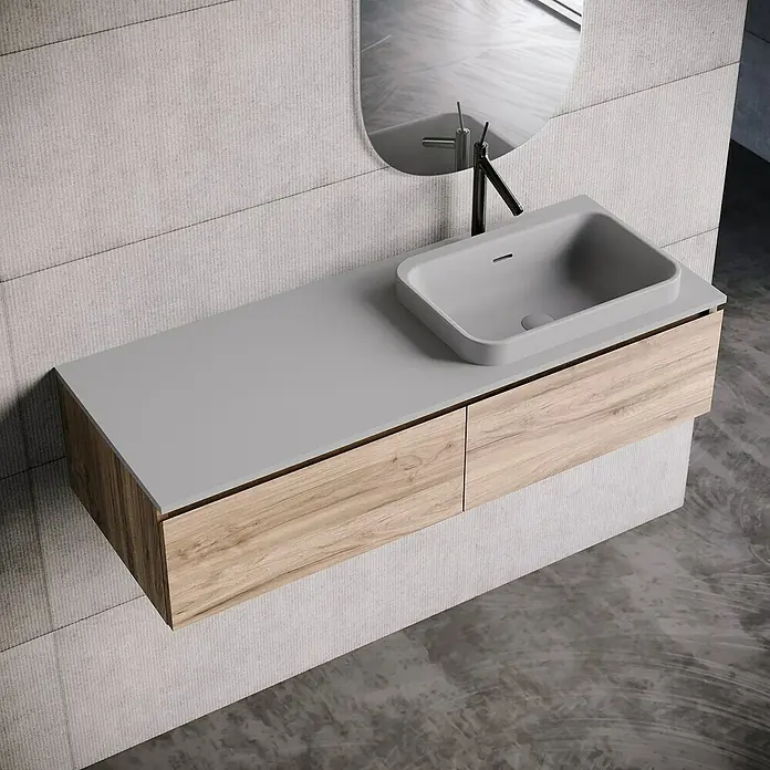 Lavabo y encimera Paul derecha - 46 x 121 cm, Orificios para grifo: Derecha, Con desbordamiento, Gris - Elegante mueble de baño con lavabo sobre encimera gris y cajones de madera. Diseño elegante para baños modernos.