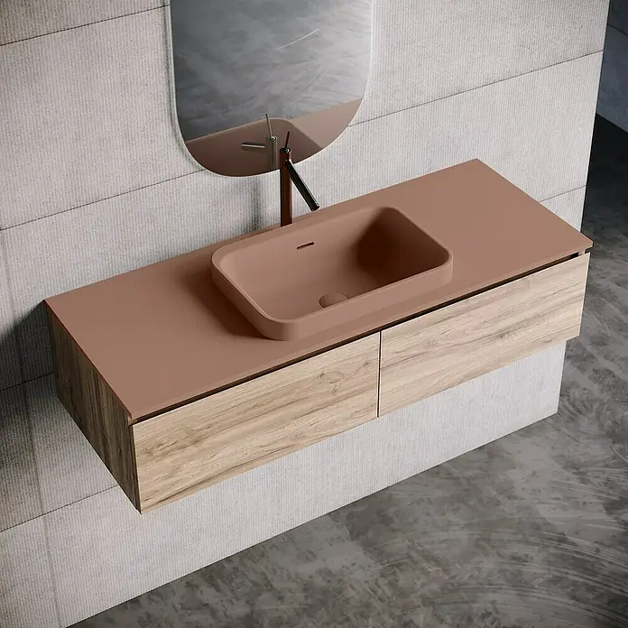 Lavabo y encimera Paul - 46 x 121 cm, Orificios para grifo: Medio, Con desbordamiento, Rosa california - Elegante lavabo de baño con tocador y espejo en armoniosos tonos tierra para un ambiente elegante.