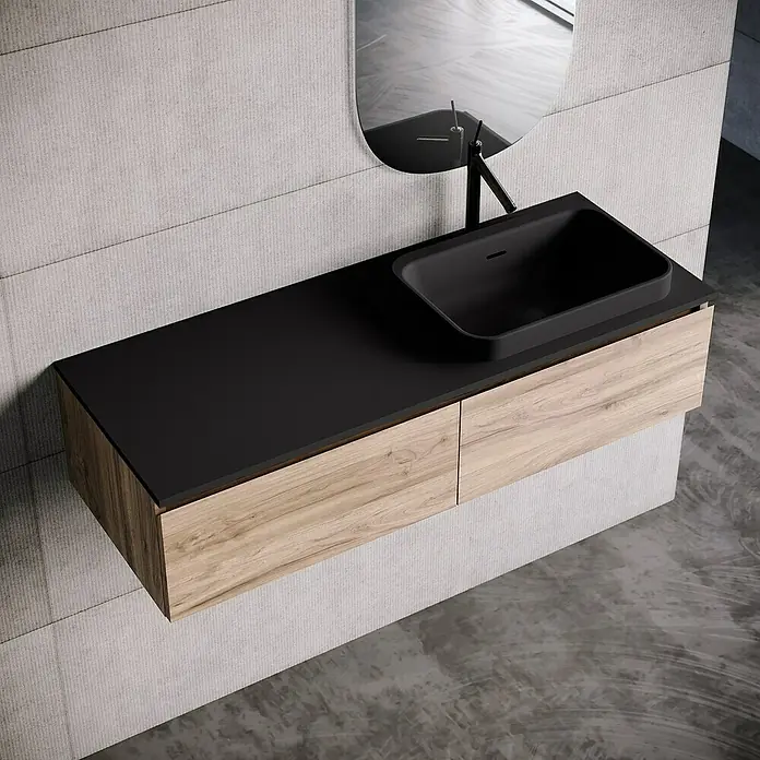 Lavabo y encimera Paul derecha - 46 x 121 cm, Orificios para grifo: Derecha, Con desbordamiento, Negro - Elegante lavabo de baño con encimera negra y mueble de madera. Diseño contemporáneo para baños elegantes.