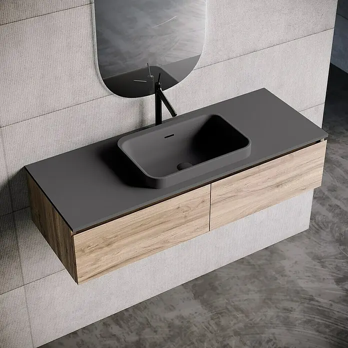 Lavabo y encimera Paul - 46 x 121 cm, Orificios para grifo: Medio, Con desbordamiento, Antracita - Elegante lavabo de baño con diseño moderno, acabado gris y mueble bajo de madera para toques de estilo.